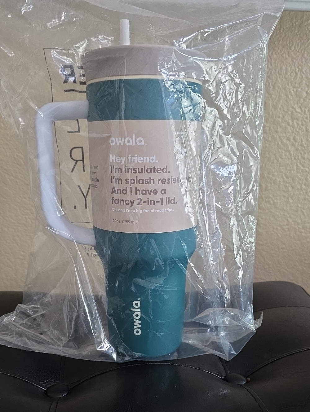 Owala Teal Insulated Travel Tumbler with White Handle